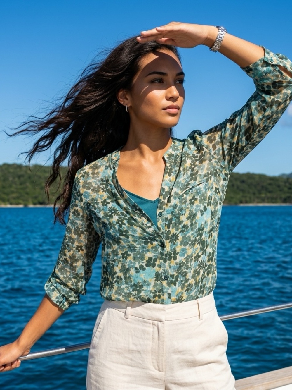 Kut from the Kloth Teal and Olive Floral Sheer Button-Down Blouse